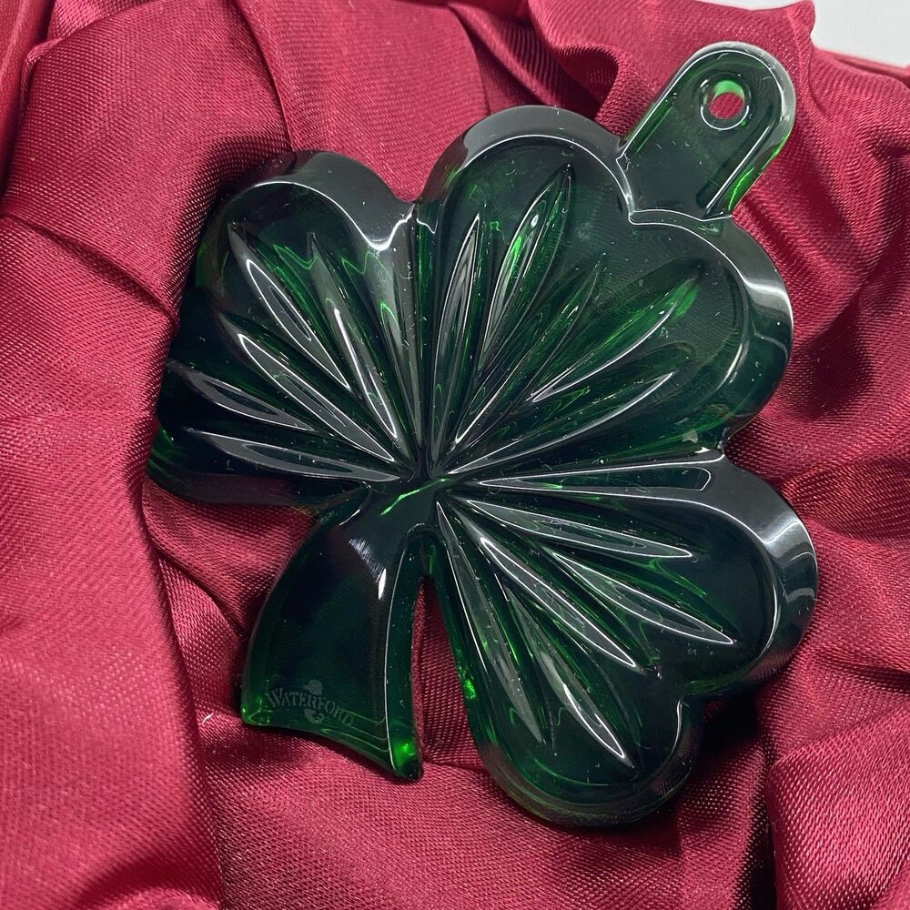 Waterford Crystal Shamrock Clover Green Ornament Decoration w Box Hanger Emerald